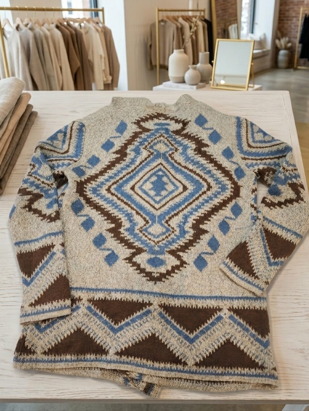 Sea Folklore Aztec-Patterned Open Cardigan in Brown Blue Chunky Medium Southwest - Picture 2 of 13